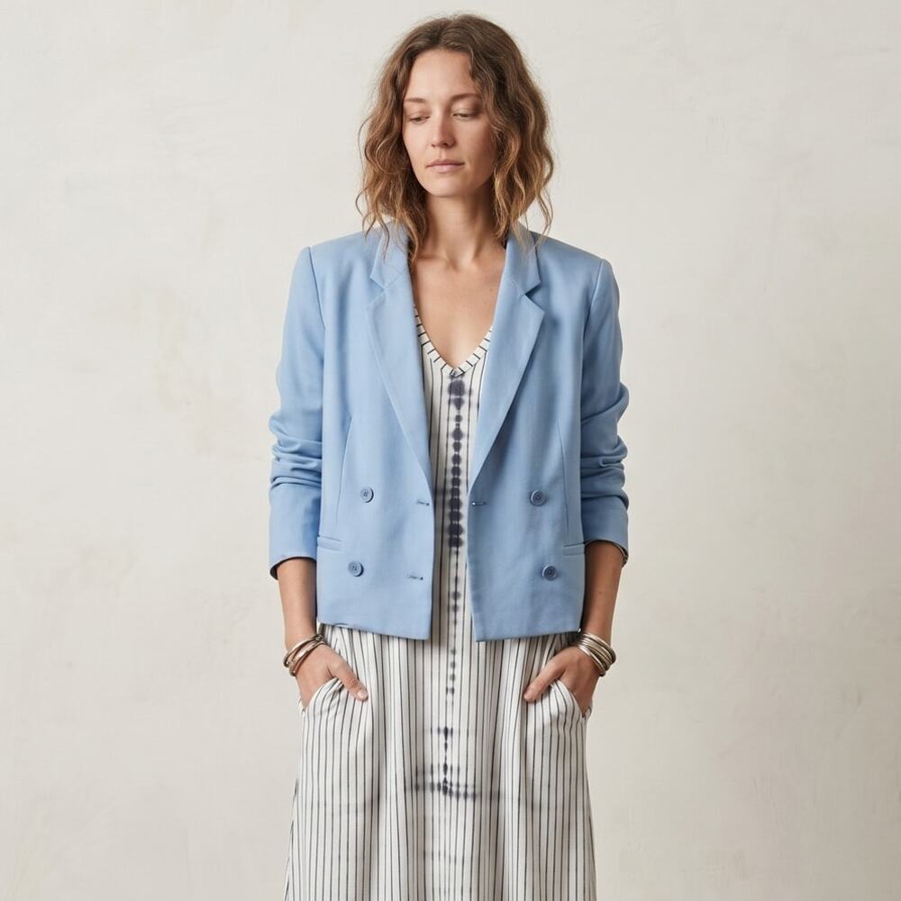 Raquel Allegra Light Blue crop Blazer Jacket double breasted size 0